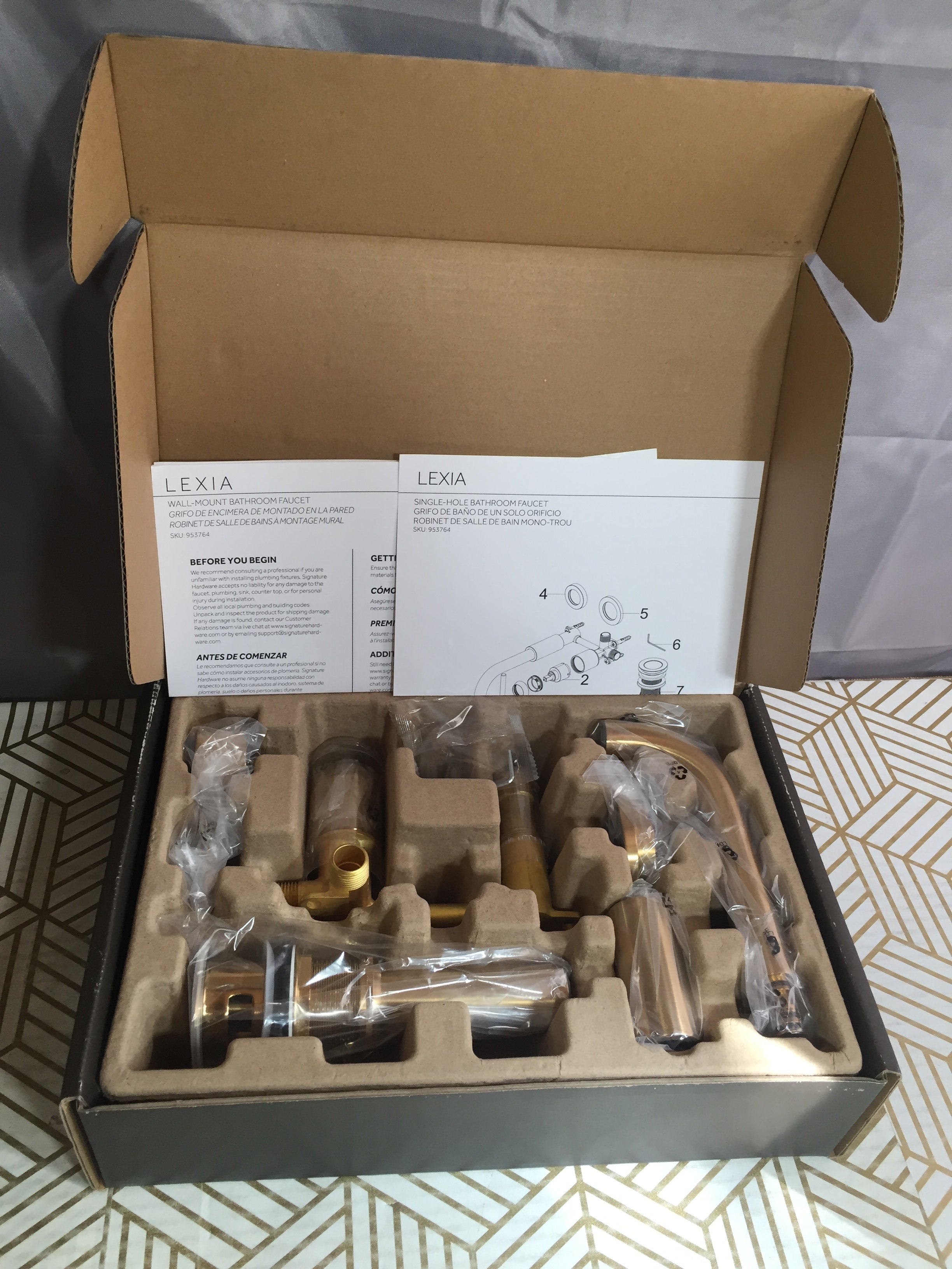Signature Hardware Lexia Wal-Mount Bathroom Faucet - Brushed Gold *NIB* (8128760479982)